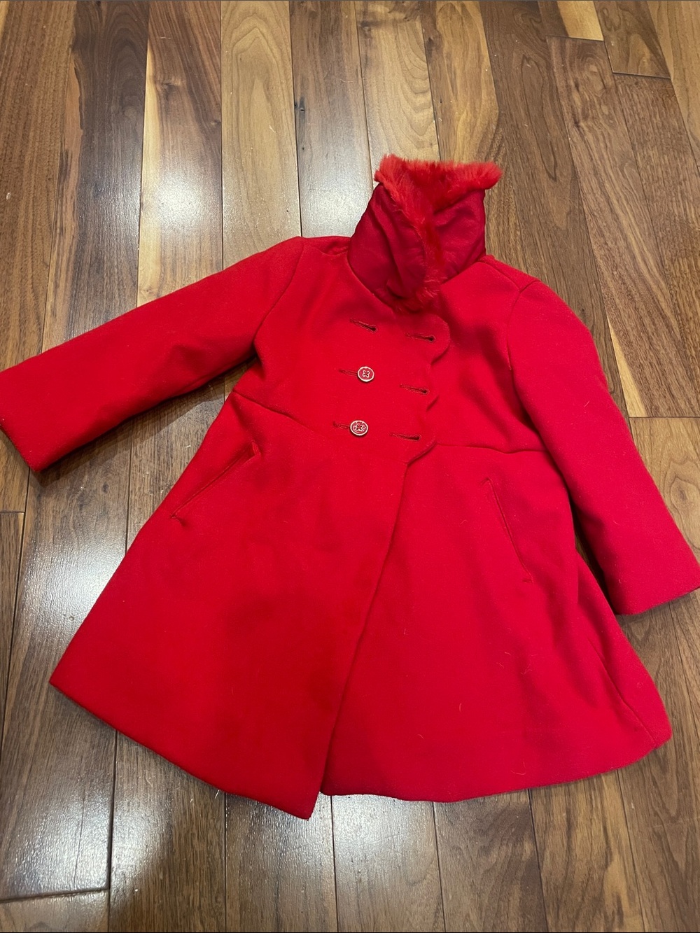 Janie and Jack Bright Red Girls' Wool Pea Coat with Faux Fur Collar